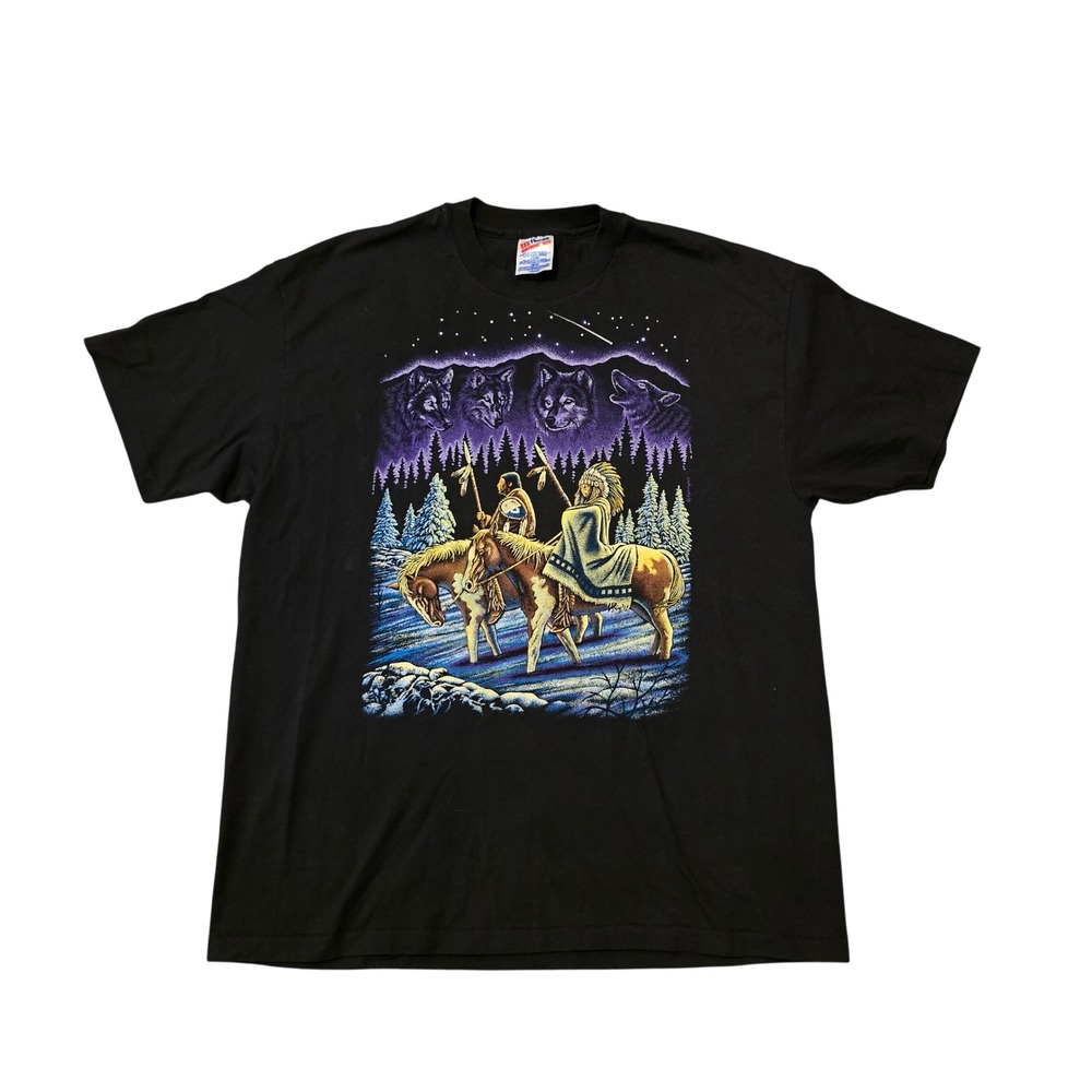 Tribal Mountain Wolf Western Aztec XL TShirt Hanes Heavyweight 90s Night Sky